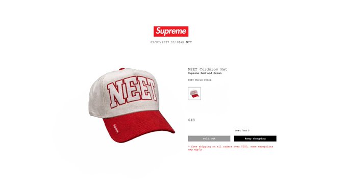 A Supreme product page screenshot showing the "NEKT Cordura® Hat" in Red and Cream priced at $48, releasing 11:01am NYC on 01/07/2022. The image serves as visual evidence supporting the post's hype about Supreme's upcoming drop, encouraging users to bookmark the item before it sells out.