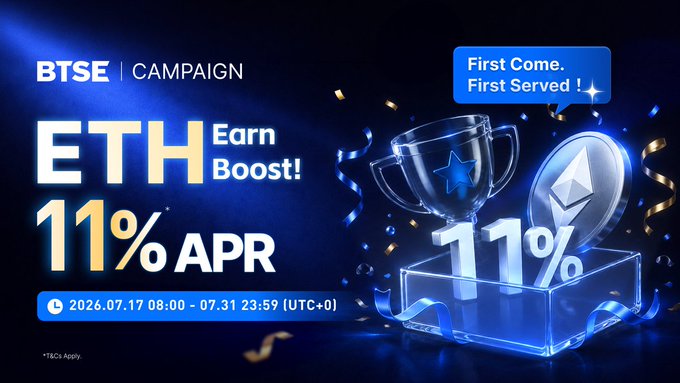 A BTSE campaign advertisement promoting an ETH Earn Boost at 11% APR, running from 2026.07.17 08:00 to 07.31 23:59 (UTC+0) on a first-come-first-served basis.