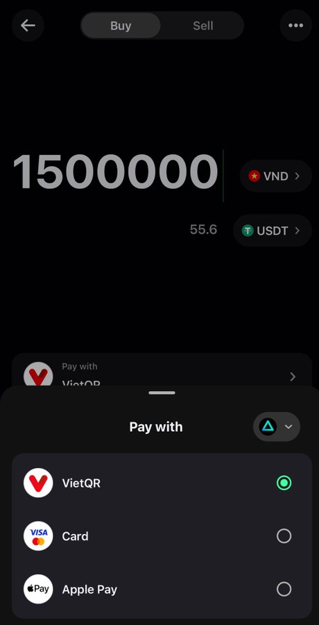 A screenshot of the Trust Wallet app showing a "Buy" USDT transaction in progress, where the user is purchasing 55.6 USDT for 1,500,000 VND with the "Pay with" option set to VietQR, illustrating the newly launched VietQR payment integration via Banca.