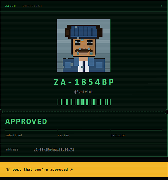 A digital 'APPROVED' whitelist certificate for 'ZADOR' displays the identifier 'ZA-1854BP' for user '@Zyntrixt', featuring a pixel-art portrait, a barcode, and an Ethereum address 'u1j65y25Q4ug_fs5y80p7i'.