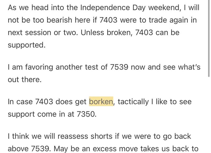 The image shows a trading analysis post discussing key levels for 7403 (support), 7539 (resistance), and 7350 (fallback support). It relates to the accompanying post by highlighting the same 7350 level as a critical short trap, reinforcing the idea that shorts at 7350 are being punished as the market rips higher, with NVDA's low 14 PE potentially fueling a rally toward 7600.