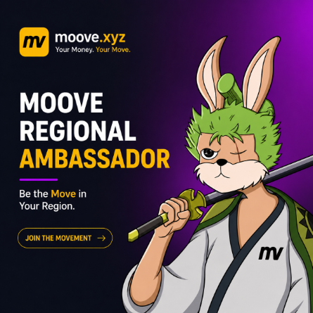 The image features an animated character dressed as a rabbit with a sword, holding a banner that says "Moove Regional Ambassador" along with some text about the program. The main focus of the image is the rabbit character, which serves as a visual representation of the program's mascot and theme.