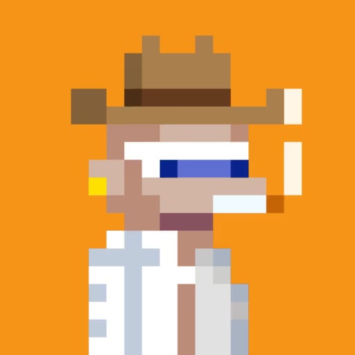 A pixel-art style portrait of an older male character wearing a brown cowboy hat, sunglasses, a mustache, and a white vest, set against a solid orange background.