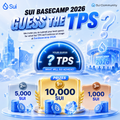 A promotional graphic from SUI BASECAMP 2026 reading "GUESS THE TPS" showing transaction per second benchmarks (2 TPS, 10,000 TPS).