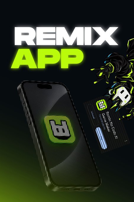 A promotional graphic displaying 'REMIX APP' in bold white and green text above a smartphone showing a music app icon, alongside a virtual credit card labeled 'Remix Pre Codes AI'.