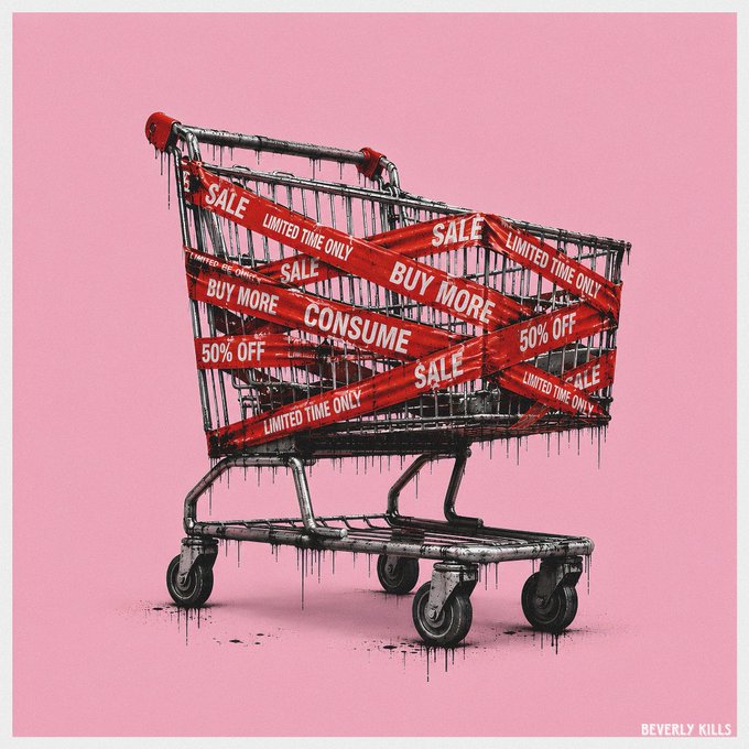 A pink-background artwork by Beverly Kills showing a shopping cart wrapped in red sale banners reading "SALE", "BUY MORE", "CONSUME", "LIMITED TIME ONLY", and "50% OFF", with black paint dripping from the cart.