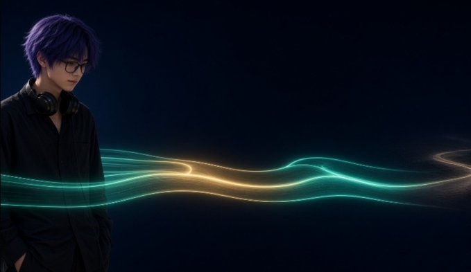 A 3D rendered character with purple hair and glasses wearing headphones, standing beside flowing cyan and orange light waves on a dark background.