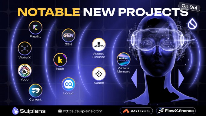 A promotional graphic titled 'NOTABLE NEW PROJECTS On Sui' featuring logos for Predikt, GEN, WaterX, Yoso, Current, kash, Loqua, Assetto Finance, Audric, and Wairus Memory, alongside a figure wearing VR goggles.