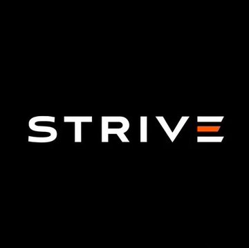The image presents a logo for Strive, which is worth $1.35 billion and is being bought by another organization at an average value of $74,092 per coin. This transaction has increased the company's Bitcoin holdings from 19,000 BTC to 19,500 BTC, making it a top-ranking public company holding Bitcoin. The logo itself consists of a stylized letter "S" surrounded by an orange "V", with the company name "Strive" written in white letters below.