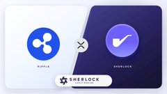 The image shows a graphic featuring the Ripple logo alongside the Sherlock DeFi logo, with an "X" between them indicating a partnership, all displayed on the Sherlock branding. The visual represents the collaboration between Ripple and Sherlock DeFi to security-test XRPL Lending Protocol V1.1 using AI technology.