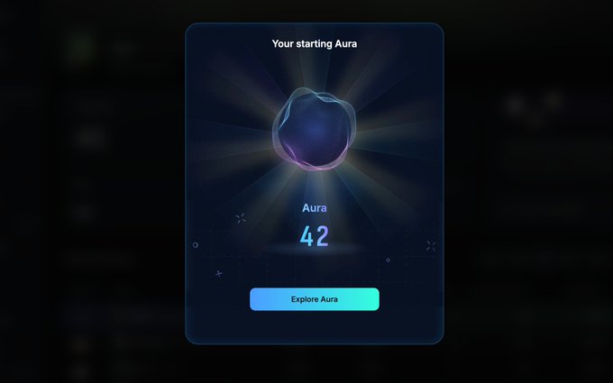 Mobile app screen displaying 'Your starting Aura' with a glowing dark purple gem-like object and a score of 42, with an 'Explore Aura' button below on a dark blue background.