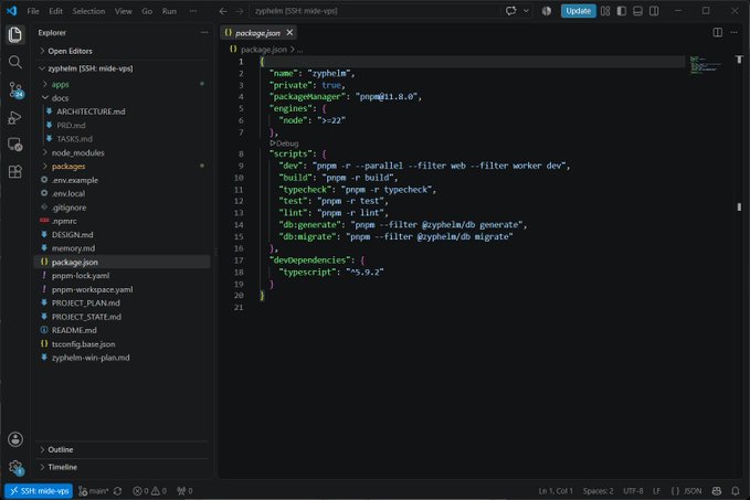 A screenshot of Visual Studio Code showing the `package.json` file for "zyphelm," a TypeScript project (version 0.0.0) with Node.js engine requirement, displaying npm scripts for development (`dev`), building (`build`), testing, linting, and database operations using Prisma. The file explorer on the left confirms the project structure, aligning with the post's announcement of laying out the project plan for the zyphelm build with Orb ID.