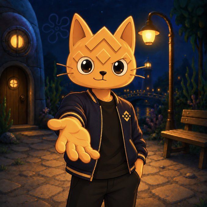 An animated illustration of an orange cat-like character in a dark bomber jacket with gold trim, extending a hand toward the viewer in a nighttime waterfront village setting.