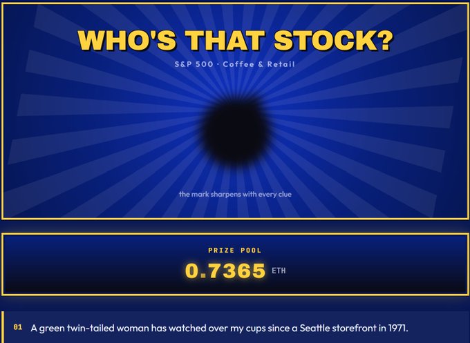 A 'Who's That Stock?' trivia game screen with an obscured stock silhouette, offering a prize pool of 0.7365 ETH, with a clue reading 'A green twin-tailed woman has watched over my cups since a Seattle storefront in 1971.'