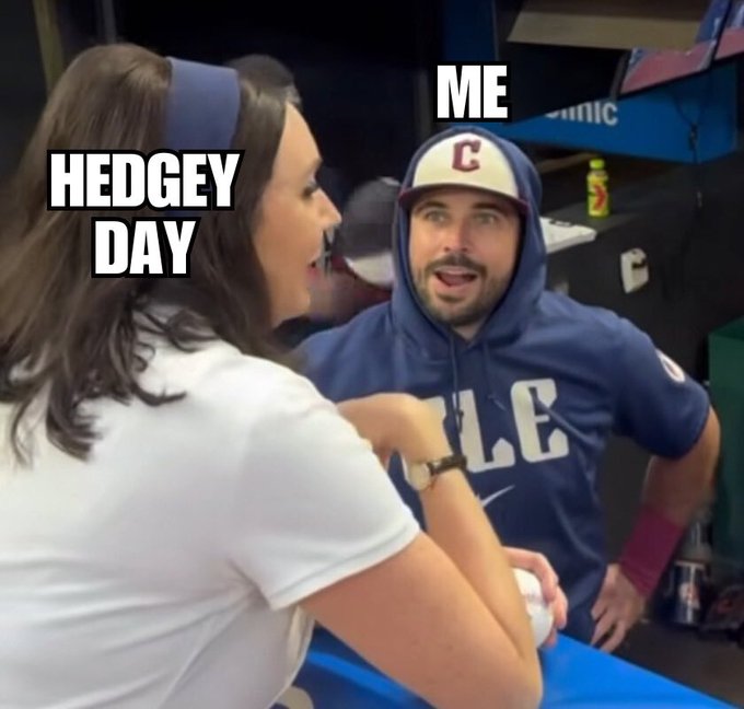 A meme image of a man in a Yankees cap labeled "ME" being yelled at by a woman labeled "HEDGEY DAY".