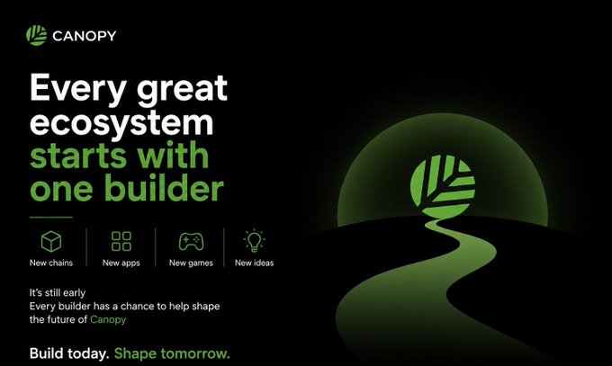 Canopy promotional graphic with green logo stating 'Every great ecosystem starts with one builder,' highlighting New chains, New apps, New games, and New ideas, with the tagline 'Build today. Shape tomorrow.'