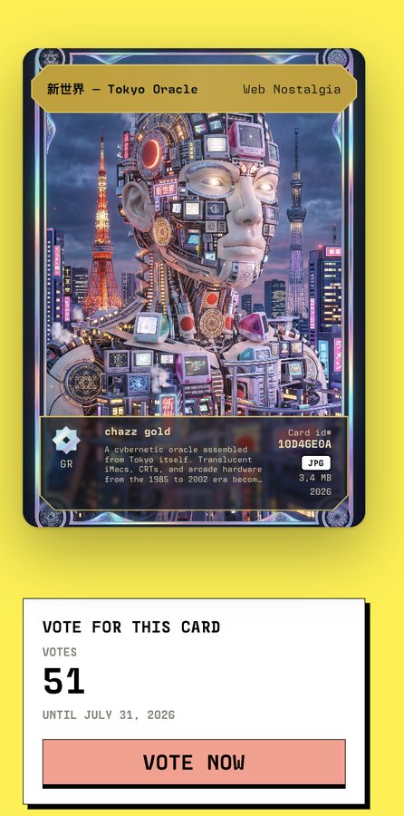 A digital collectible card titled '新世界 - Tokyo Oracle' by chazz gold, depicting a cybernetic figure made of old hardware against a Tokyo skyline, with 51 votes and a 'VOTE NOW' button.