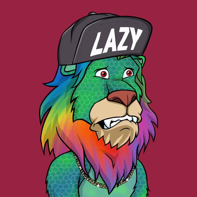 A cartoon lion character with a vibrant rainbow-colored mane, wearing a black cap with the word 'LAZY' and a gold chain necklace against a maroon background.