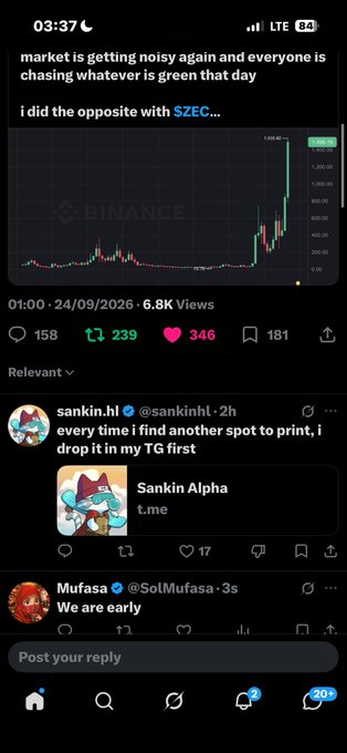 A screenshot of a Twitter post shows a Binance chart with the text 'market is getting noisy again and everyone is chasing whatever is green that day / i did the opposite with $ZEC...'