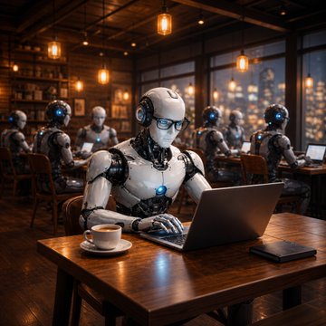 A humanoid AI agent works on a laptop at a dimly lit, warm café filled with similar figures at other tables, with a coffee cup beside it—evoking the bustling, automated micro-transaction economy highlighted by Chainalysis's data showing AI agents have made over 138 million x402 transactions on Base, 87% of which were between a hundredth of a cent and a dime.