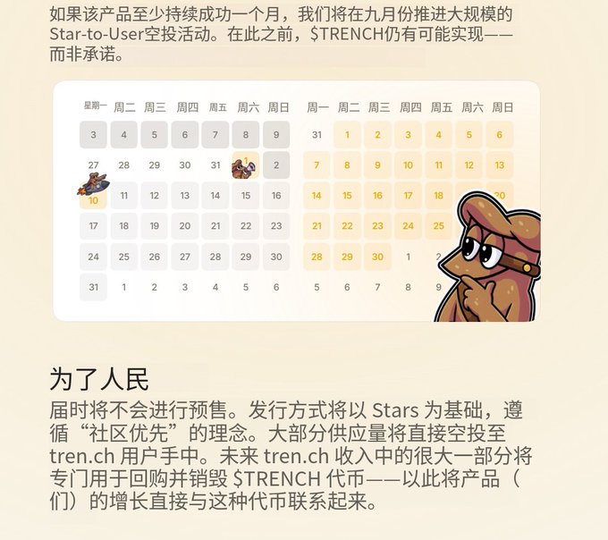 A Chinese-language informational graphic explains that if $TRENCH maintains at least one month of success, a large-scale Star-to-User airdrop will launch in September, while currently $TRENCH remains a possibility rather than a promise, accompanied by a two-month calendar and a dog character. A section titled "为了人民" (For the People) outlines a "community-first" airdrop model where most supply goes directly to tren.ch users without presale, with future revenue funding $TRENCH token buybacks—aligning with the post's call to register at tren.ch/@big_tea_rice within 6 hours.