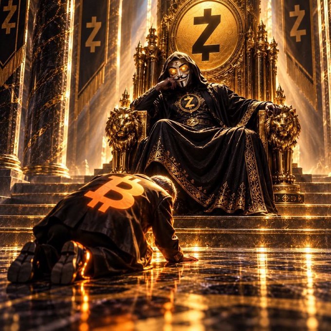 A dramatic digital illustration of a hooded, masked figure sitting on a golden throne with "Z" and Bitcoin logos, while a figure wearing a Bitcoin cloak bows before them.
