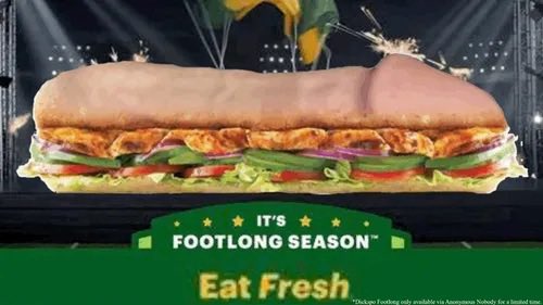 A Subway advertisement showing a large footlong sandwich filled with grilled chicken, lettuce, tomatoes, onions, and peppers, with the text 'IT'S FOOTLONG SEASON' and 'Eat Fresh'.
