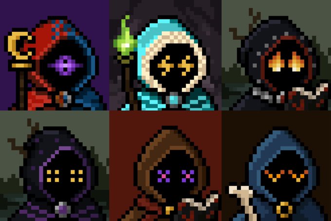 Six pixel art characters arranged in a grid, depicting hooded figures with stylized eye designs and staffs in various dark color palettes.