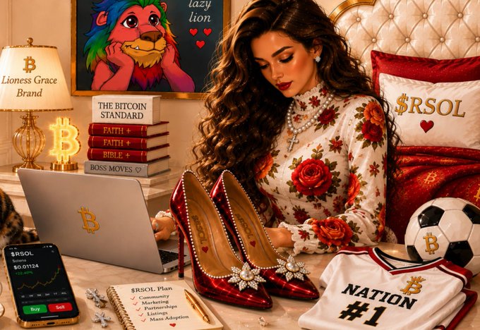 Another surreal digital illustration similar to Image 2, featuring a woman working on a Bitcoin laptop with $RSOL branding, high heels, a soccer ball with the Bitcoin logo, and a jersey reading 'NATION #1'.