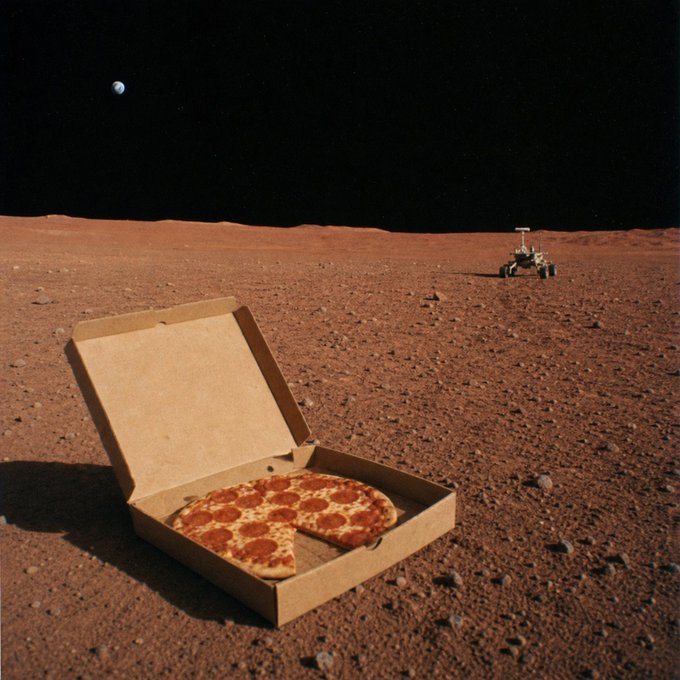An open pizza box containing a pepperoni pizza sits in the middle of a barren Martian landscape, with a rover visible in the distance and the Earth appearing as a small blue dot in the black sky. The image humorously illustrates the post's claim that "pizza delivery finally reached mars."