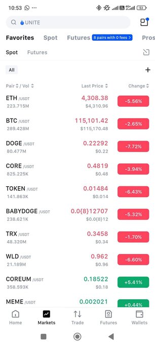 A cryptocurrency exchange app screenshot showing a market overview with all major tokens (ETH, BTC, DOGE, CORE, TOKEN, BABYDOGE, TRX, WLD, COREUM, MEME) in red/down, with significant losses including DOGE at -7.72% and ETH at -5.56%.