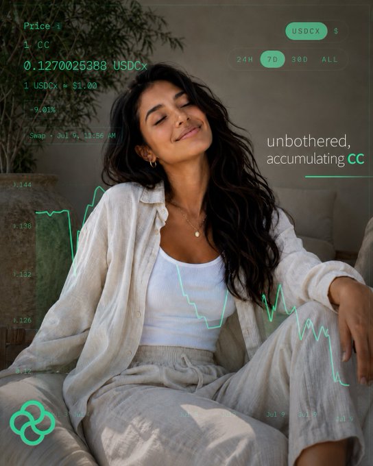 A promotional image for a cryptocurrency called CC, showing a woman smiling with her eyes closed overlaid with a price chart showing 1 CC = 0.1270025388 USDCx and the text 'unbothered, accumulating CC'.