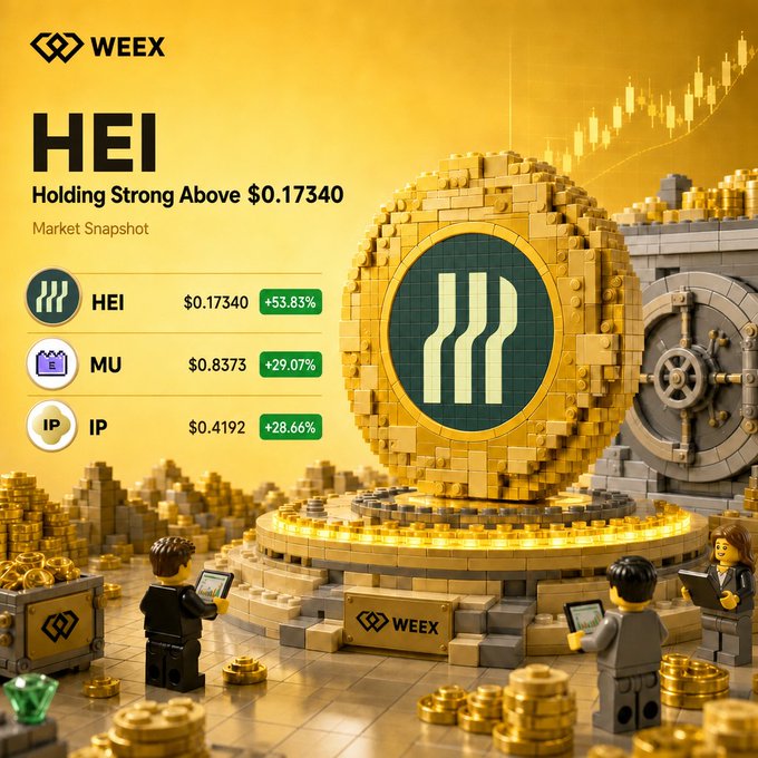 The image is a WEEX market snapshot showing HEI holding strong at $0.17340 (+53.83%), alongside MU at $0.8373 (+29.07%) and IP at $0.4192 (+28.66%), presented with a golden 3D-rendered LEGO-style scene featuring a large HEI coin and figurines inspecting a vault. It visually reinforces the post's prompt asking which token will lead next, with the prominent golden HEI coin emphasizing its top performance.