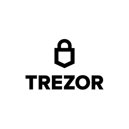 The Trezor logo features a stylized padlock icon above the bold black "TREZOR" wordmark on a white background.