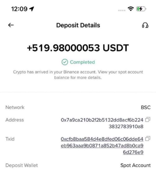 A Binance deposit confirmation screenshot showing +519.98000053 USDT successfully deposited via BSC network to a Spot Account.