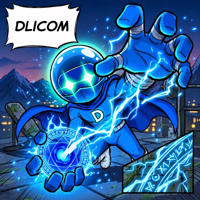 A blue-suited anime-style superhero character with glowing eyes and lightning effects reaches forward, accompanied by a speech bubble reading "DLICOM".