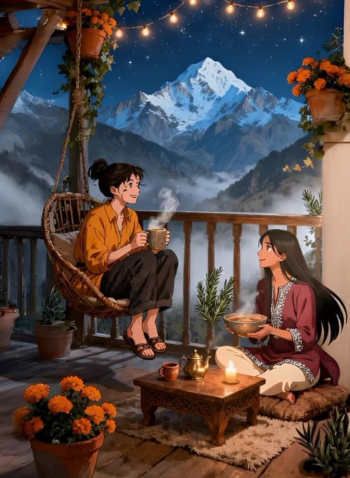 A digital illustration depicting two people enjoying hot drinks on a balcony at night, with one sitting in a hanging chair and the other sitting on the floor, set against a backdrop of snow-capped mountains under a starry sky.