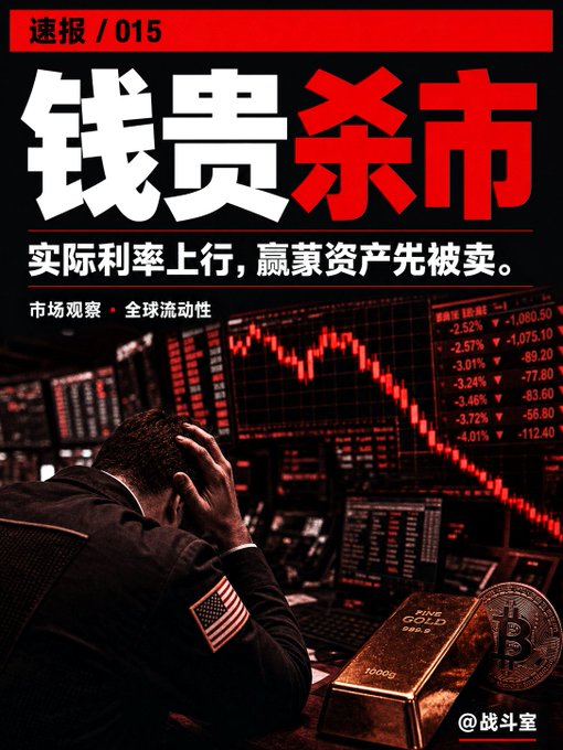 The image shows a man sitting at a desk with a computer, surrounded by stock charts and graphs. The text of the post reads "Stocks, gold, and Bitcoin all crashed together this week. Many people are staring at U.S. jobs data for answers. A single data point can'nt flip the entire market. The truth is just one sentence: Money around the world is getting more expensive. U.S. jobs too strong." This post seems to be discussing the current state of global markets, specifically focusing on the stock market and Bitcoin.