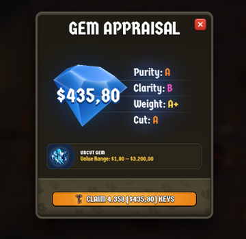 A video game 'GEM APPRAISAL' window shows a blue gem valued at $435.80 with stats: Purity A, Clarity B, Weight A+, and Cut A, offering a claim option.