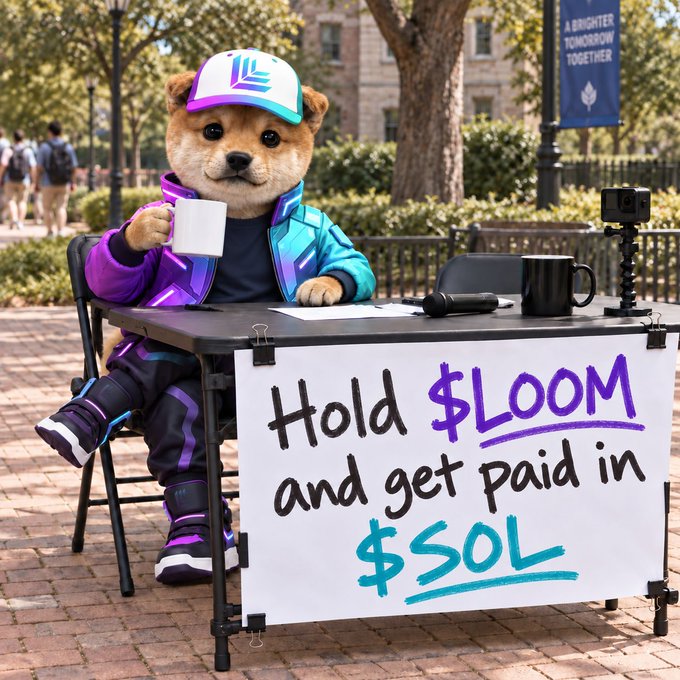 A person in a Shiba Inu (Solana dog mascot) costume sits at a booth holding a mug, with a sign reading "Hold $LOOM and get paid in $SOL" — promoting the LOOM token's Solana reward program at loomsol.fun.