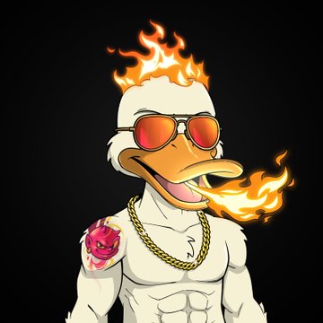 A digital illustration of a muscular, anthropomorphic duck with flaming hair, wearing red sunglasses, a gold chain, and a small red devil tattoo on its chest, against a black background.