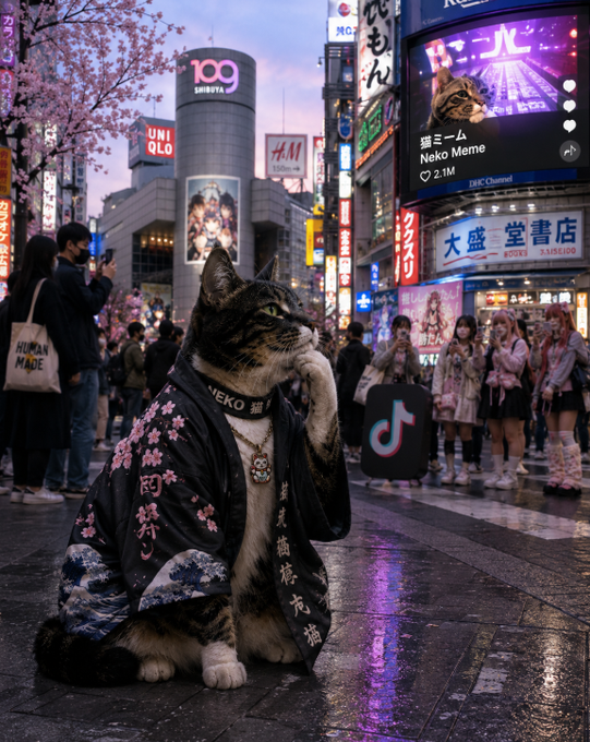 A thoughtful cat dressed in a kimono with "NEKO" inscribed on its collar stands contemplatively in a neon-lit Shibuya street, surrounded by signs for Uniqlo, H&M, 109 Shibuya, and a TikTok icon, embodying the contemplative "thinking is a universal language" sentiment amid the bustling urban scene.