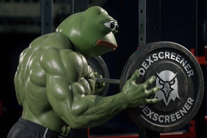 A muscular Pepe the Frog character lifting a heavy barbell weight plate labeled "DEXSCREENER" in a gym setting.