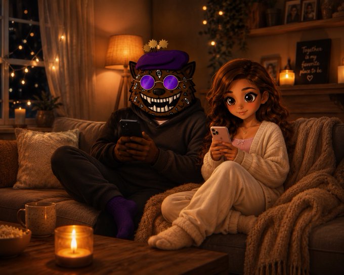 In this digital art piece, a man and woman are sitting together on a couch, each engrossed in their cell phones. The man has purple glasses and a brown shirt, while the woman wears a white sweater with her hair styled in pigtails. They appear to be enjoying some downtime at home, possibly watching TV or browsing social media. The image also includes a candle on a table next to them, adding warmth and coziness to their scene.