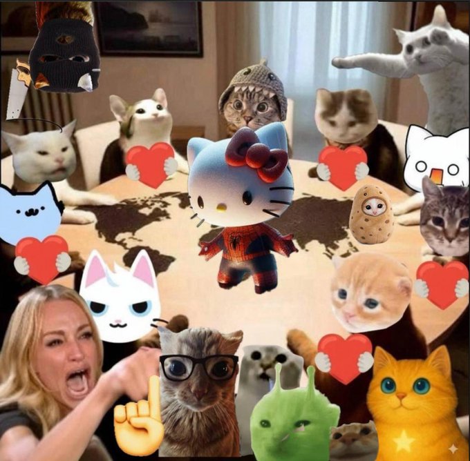 A chaotic internet meme collage features numerous cat images, cartoon characters, and other random figures—including Hello Kitty, a Pikachu, a woman with an angry expression, and a green alien—gathered around a world map table, with several cats holding red hearts, depicting the absurd "cats world order" referenced in the post.