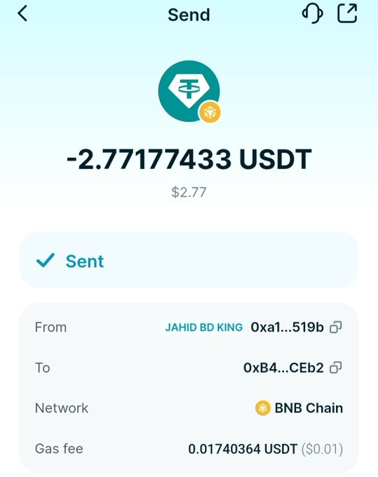 A cryptocurrency transaction confirmation screen showing a successful send of -2.77177433 USDT ($2.77) on the BNB Chain network.