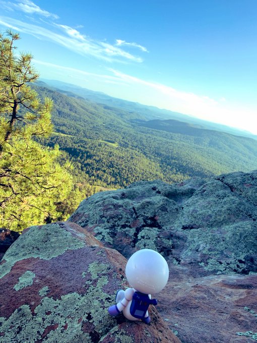 A small white toy figure with a blue backpack sits on a lichen-covered rock overlooking a vast forested valley with distant mountains under a blue sky with wispy clouds.