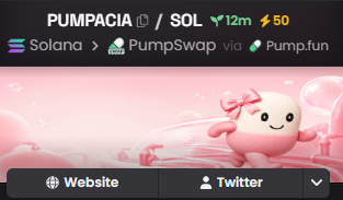 A meme coin interface showing 'PUMPACIA' on the Solana blockchain, with a price of 12m and 50 likes, linked via PumpSwap to Pump.fun, featuring a cute pink blob mascot with a bow, and buttons for Website and Twitter.