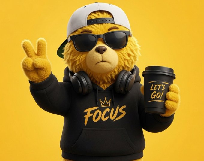 A yellow teddy bear character wearing sunglasses, a backwards cap, headphones, and a black 'FOCUS' hoodie makes a peace sign while holding a black coffee cup that reads 'LET'S GO!' against a yellow background.