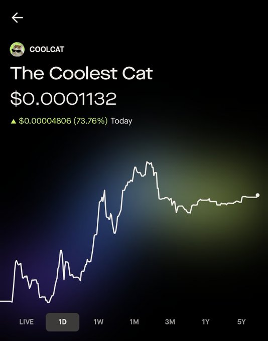 A mobile app interface displays the cryptocurrency "COOLCAT" named "The Coolest Cat" with a current price of $0.0001132 and a 1-day price chart showing a 73.76% increase.